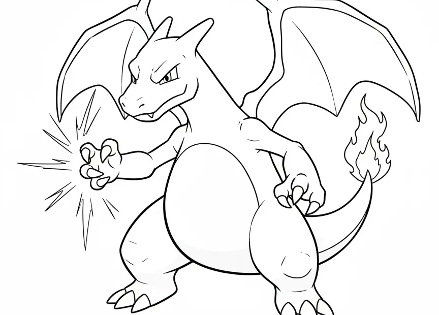 kleurplaat pokemon charizard die een krachtige drakenklauw aanval voorbereidt