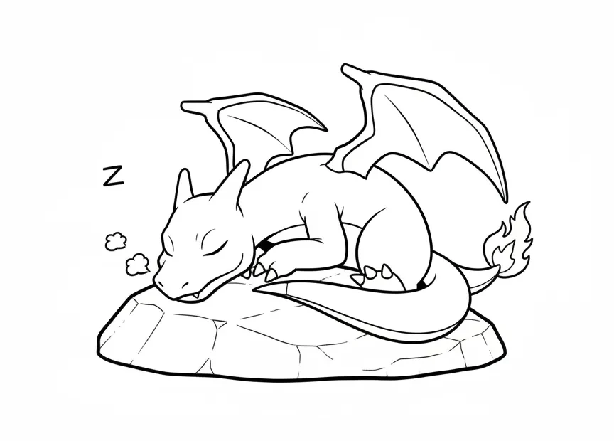 kleurplaat pokemon charizard die rustig ligt te slapen met zijn staartvlam aan