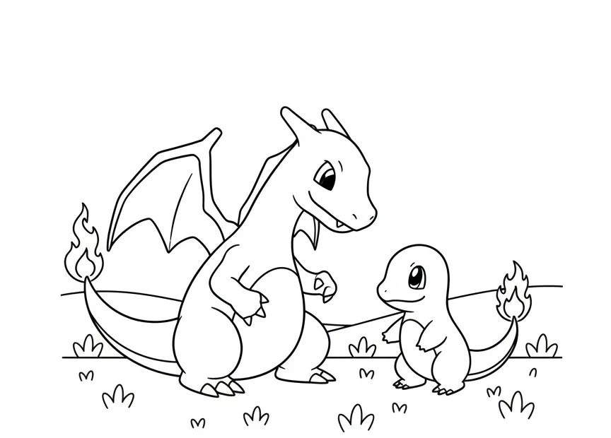kleurplaat pokemon charizard die samen met een kleine charmander zit