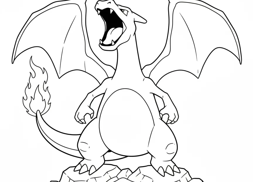 kleurplaat pokemon charizard die stoer op de grond staat en brult
