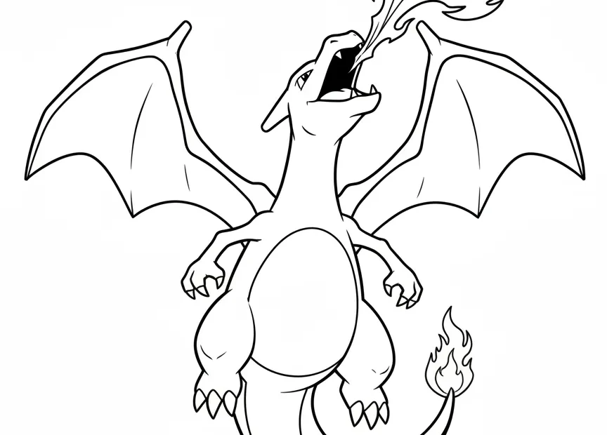 kleurplaat pokemon charizard die vliegt en vuur spuwt