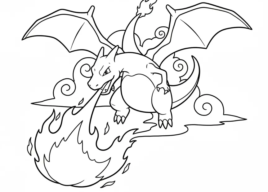 kleurplaat pokemon charizard spuwt vuur in de lucht