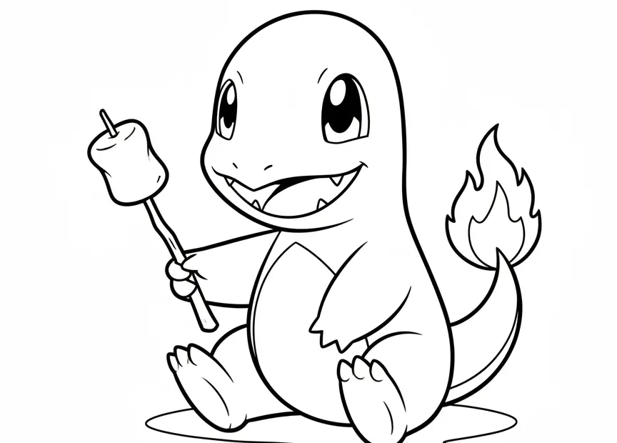 kleurplaat pokemon charmander die een marshmallow roostert boven zijn staartvlam