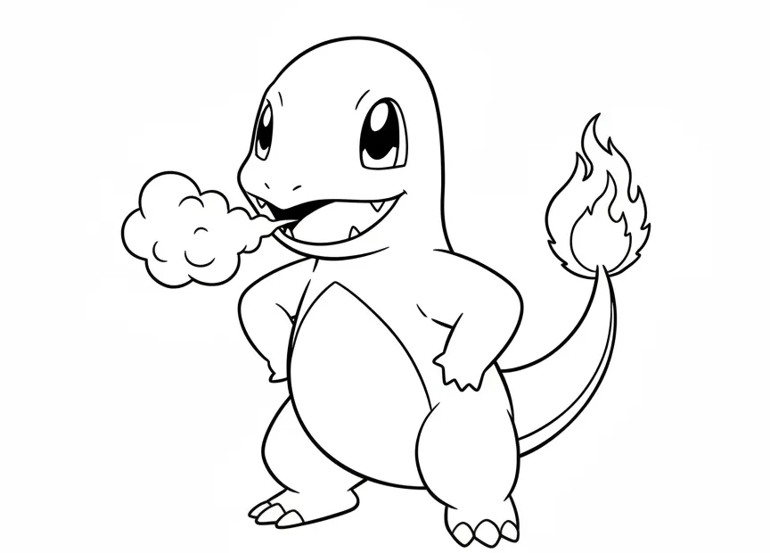 kleurplaat pokemon charmander die oefent met vuur spuwen