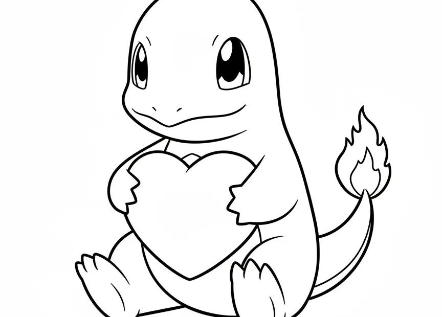 kleurplaat pokemon charmander die verlegen een groot hart vasthoudt