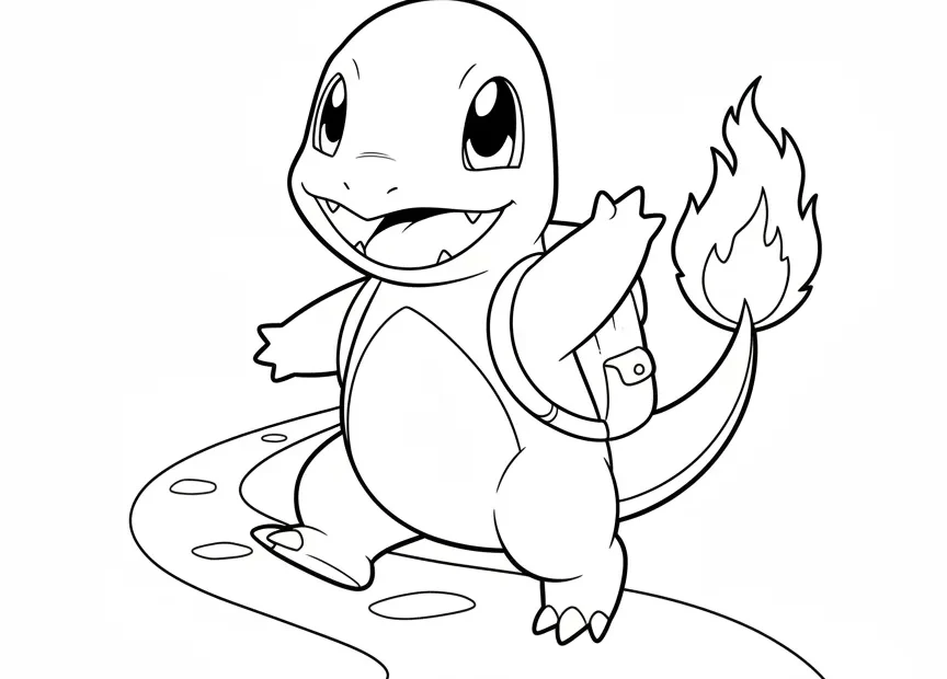 kleurplaat pokemon charmander die vrolijk wandelt met een rugzakje
