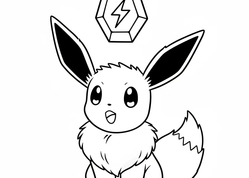 kleurplaat pokemon eevee die nieuwsgierig naar een zwevende dondersteen kijkt