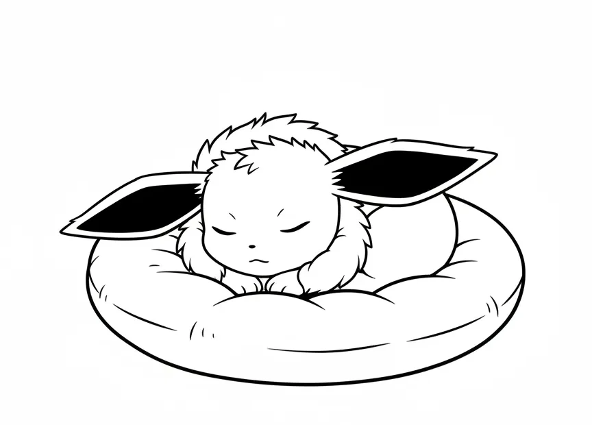 kleurplaat pokemon eevee die opgekruld ligt te slapen op een zacht kussen