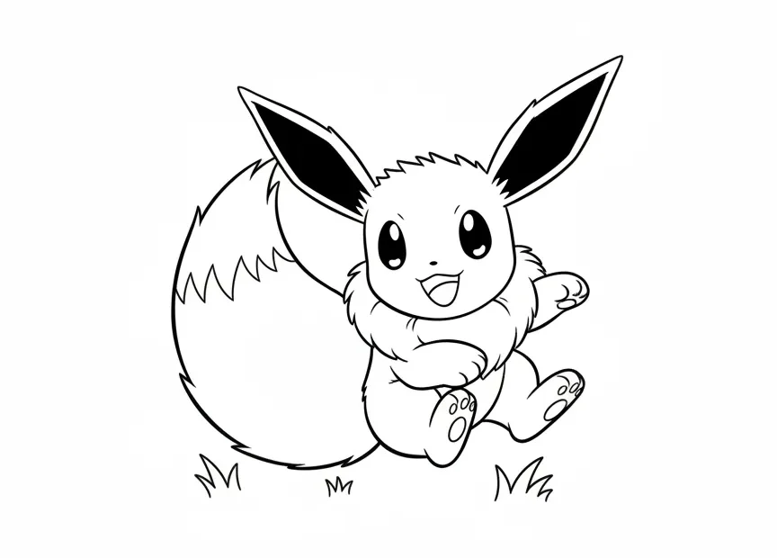kleurplaat pokemon eevee die speels achter zijn eigen staart aan rent