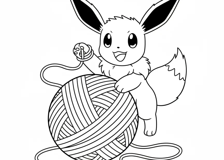 kleurplaat pokemon eevee die vrolijk met een bol wol speelt
