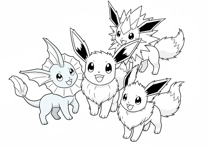 kleurplaat pokemon eevee evolution met vaporeon jolteon en flareon