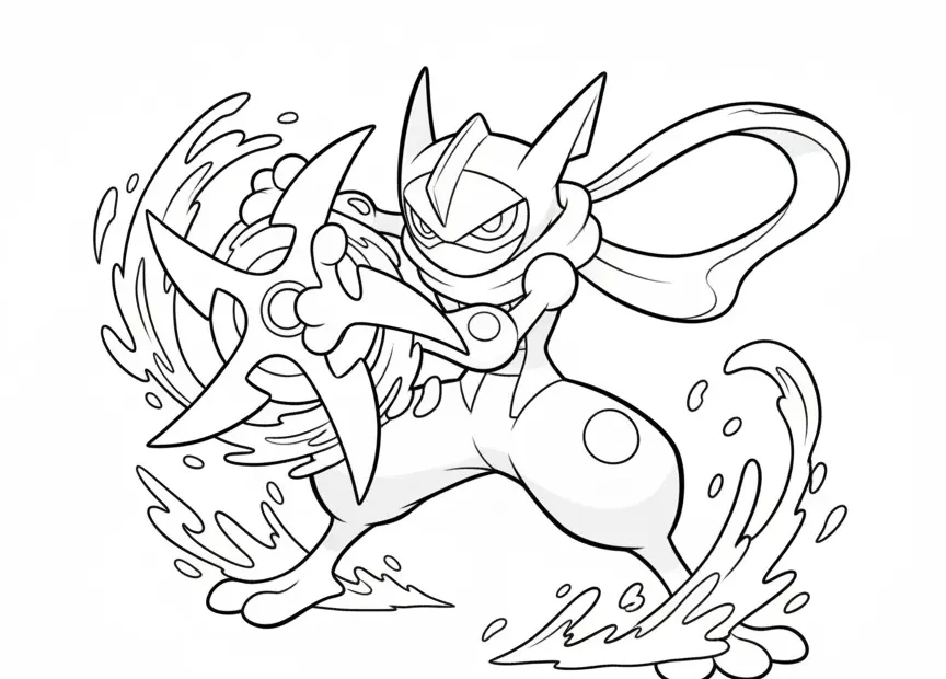 kleurplaat pokemon gx Greninja die een grote water shuriken gooit