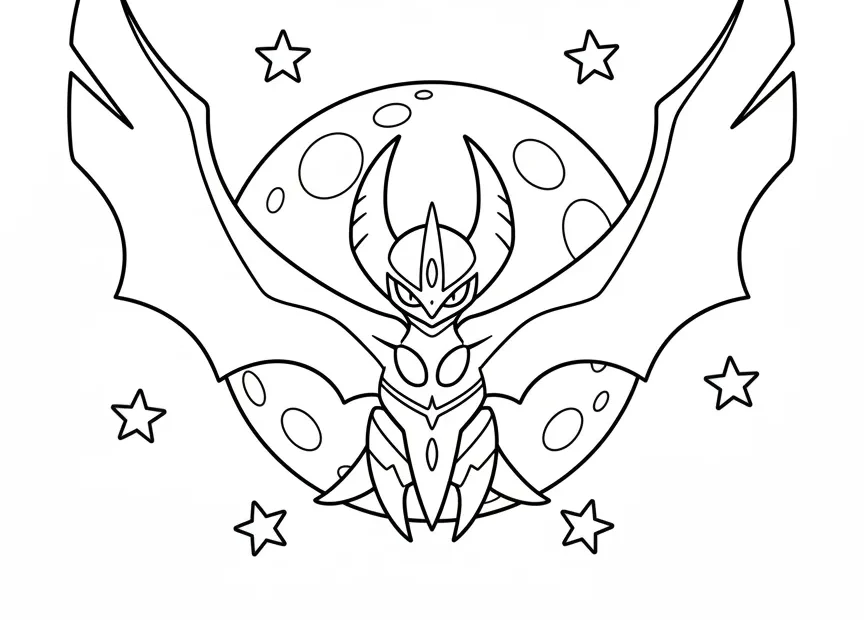 kleurplaat pokemon gx Lunala die met gespreide vleugels voor de volle maan vliegt