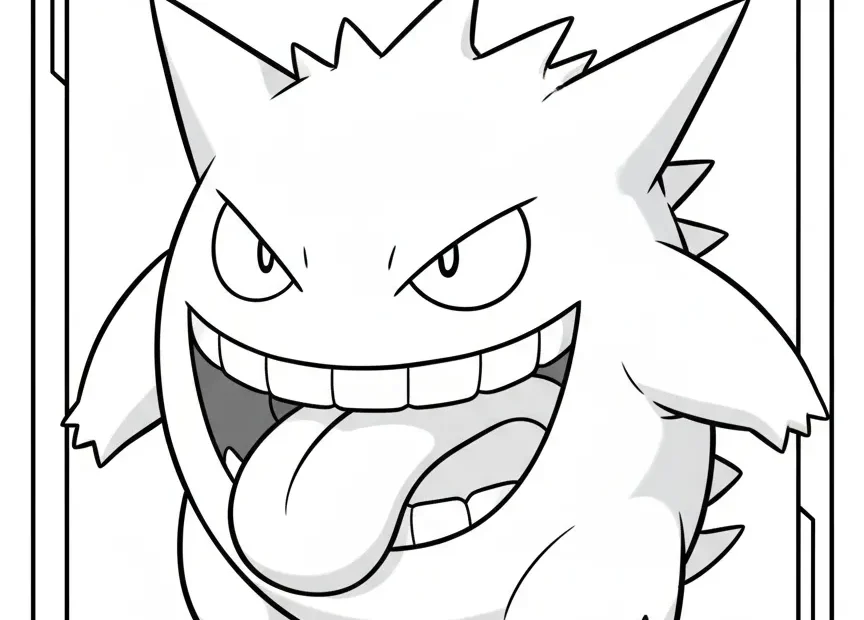 kleurplaat pokemon kaart Gengar die ondeugend lacht met zijn tong uit zijn mond