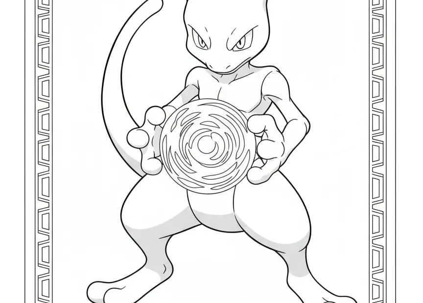 kleurplaat pokemon kaart Mewtwo die zijn psychische krachten laadt