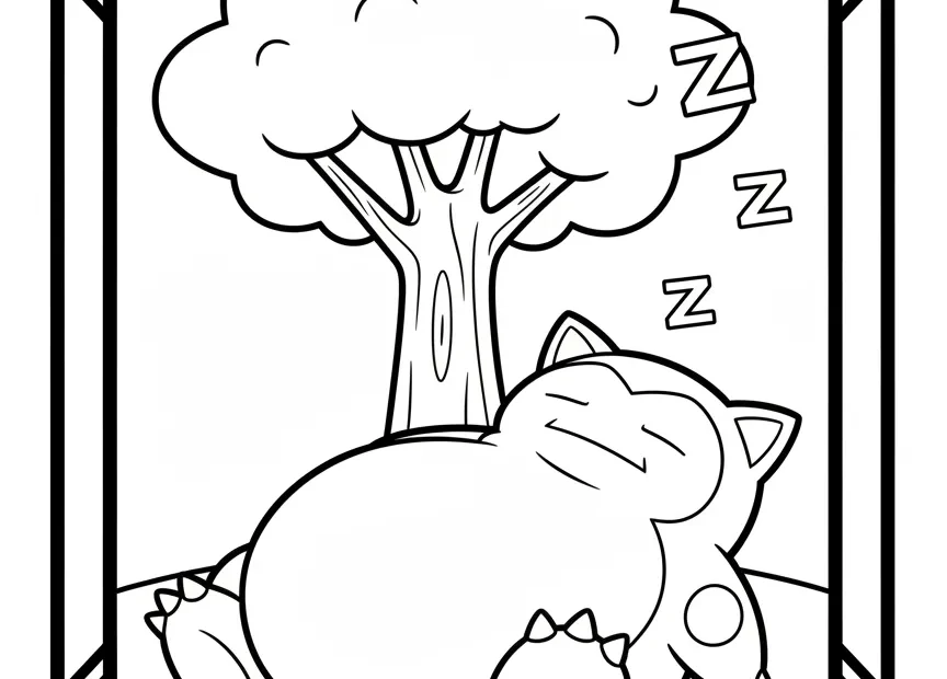kleurplaat pokemon kaart Snorlax die heerlijk ligt te slapen onder een boom