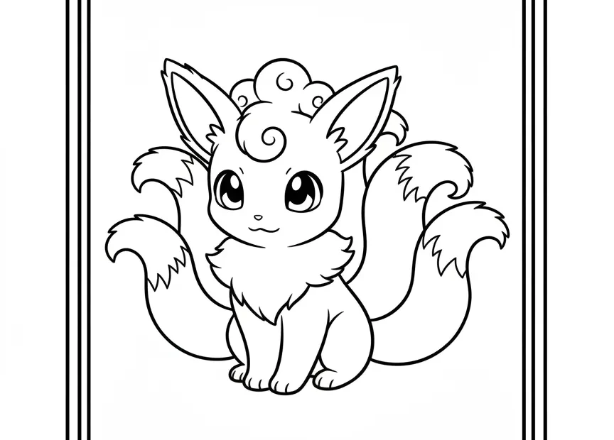 kleurplaat pokemon kaart schattige Vulpix die sierlijk zit met zijn zes staarten