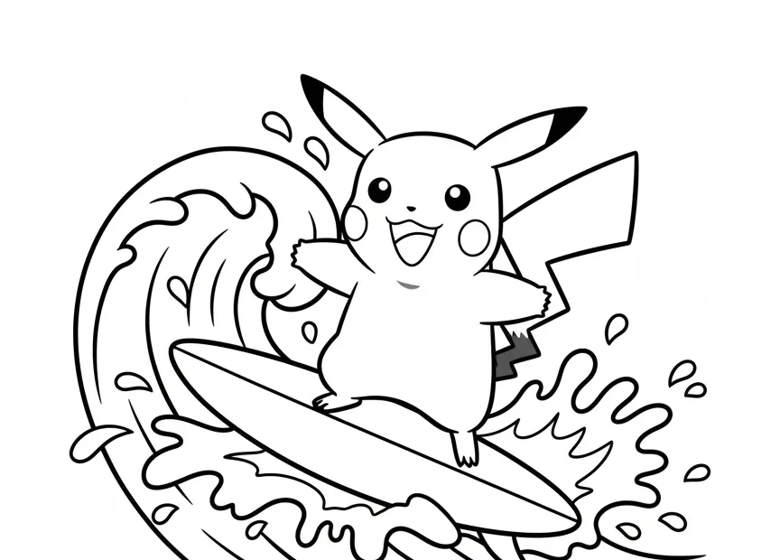 kleurplaat pokemon picachu op een surfplank in de zee