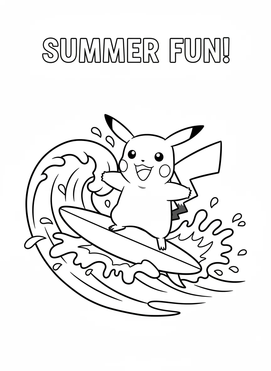 kleurplaat pokemon picachu op een surfplank in de zee