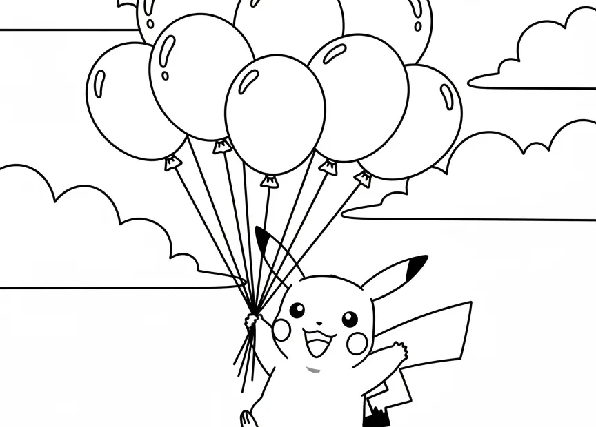kleurplaat pokemon picachu zwevend in de lucht met ballonnen