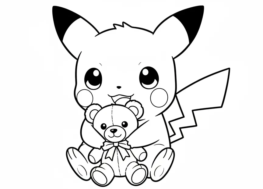 kleurplaat pokemon pichu die een zachte teddybeer knuffelt