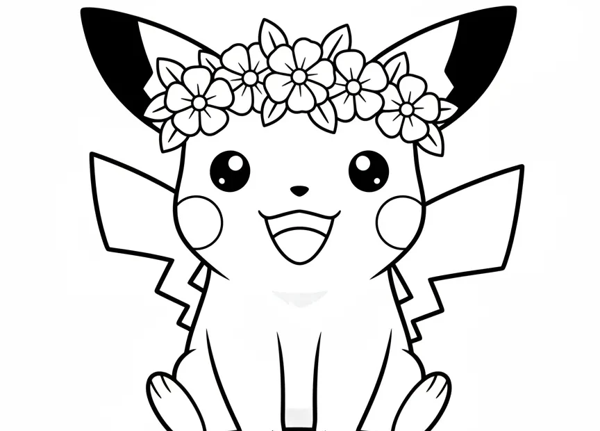 kleurplaat pokemon pichu met een vrolijke bloemenkrans op zijn hoofd