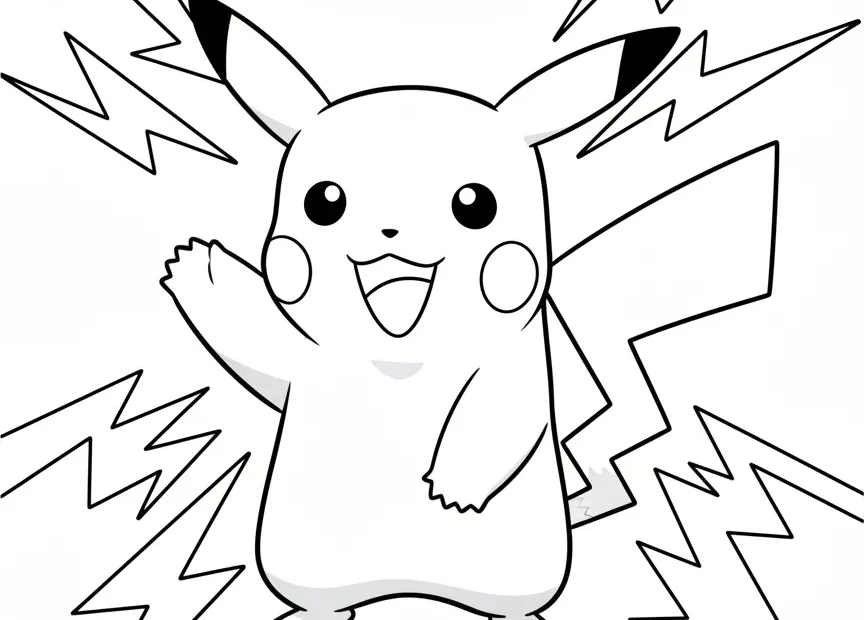 kleurplaat pokemon pikachu die vrolijk zwaait met bliksemschichten