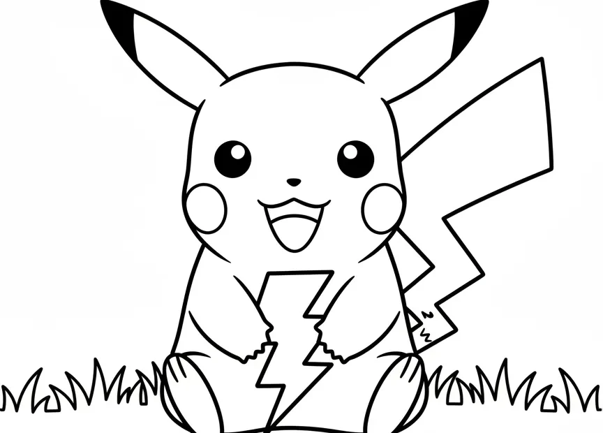 kleurplaat pokemon pikachu houdt een bliksemschicht vast en lacht