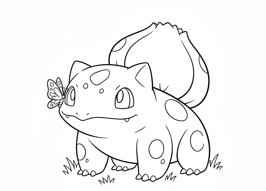 kleurplaat pokemon schattig Bulbasaur met een vlindertje op zijn neus